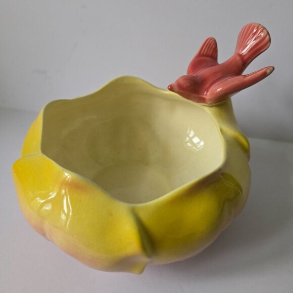Vintage Royal Copley Yellow & Pink Ceramic Planter Bowl With Bird Accent - Picture 7 of 16